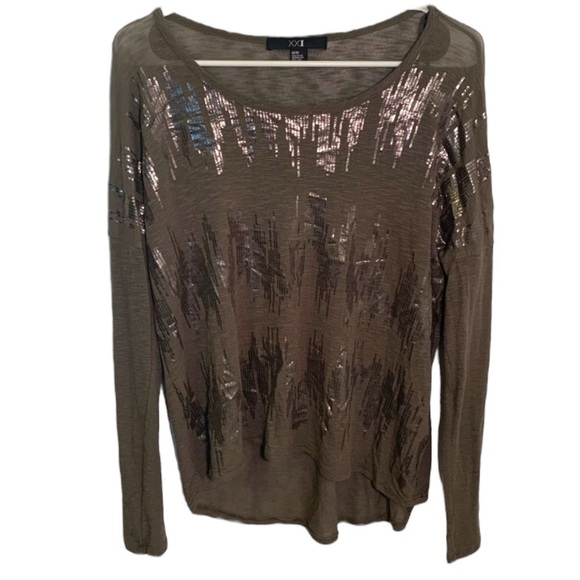 XXI Forever 21 Long Sleeve Top Olive Green Sequins - Picture 1 of 9